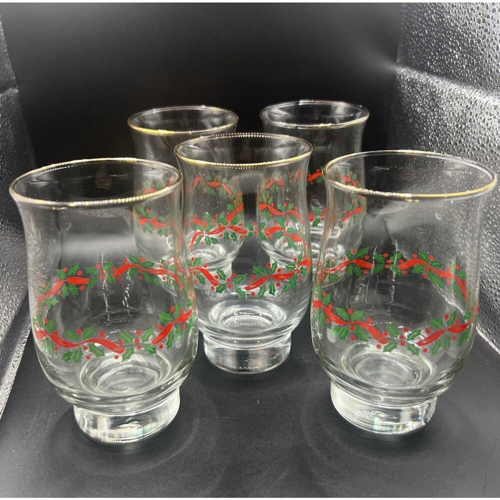 LOT OF 5 Vintage LIBBEY ARBY'S HOLLY‎ RIBBONS GOLD RIMMED GLASS TUMBLERS 5 1/4"